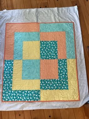Handmade Patchwork Baby Quilt in Teal, Yellow & Coral